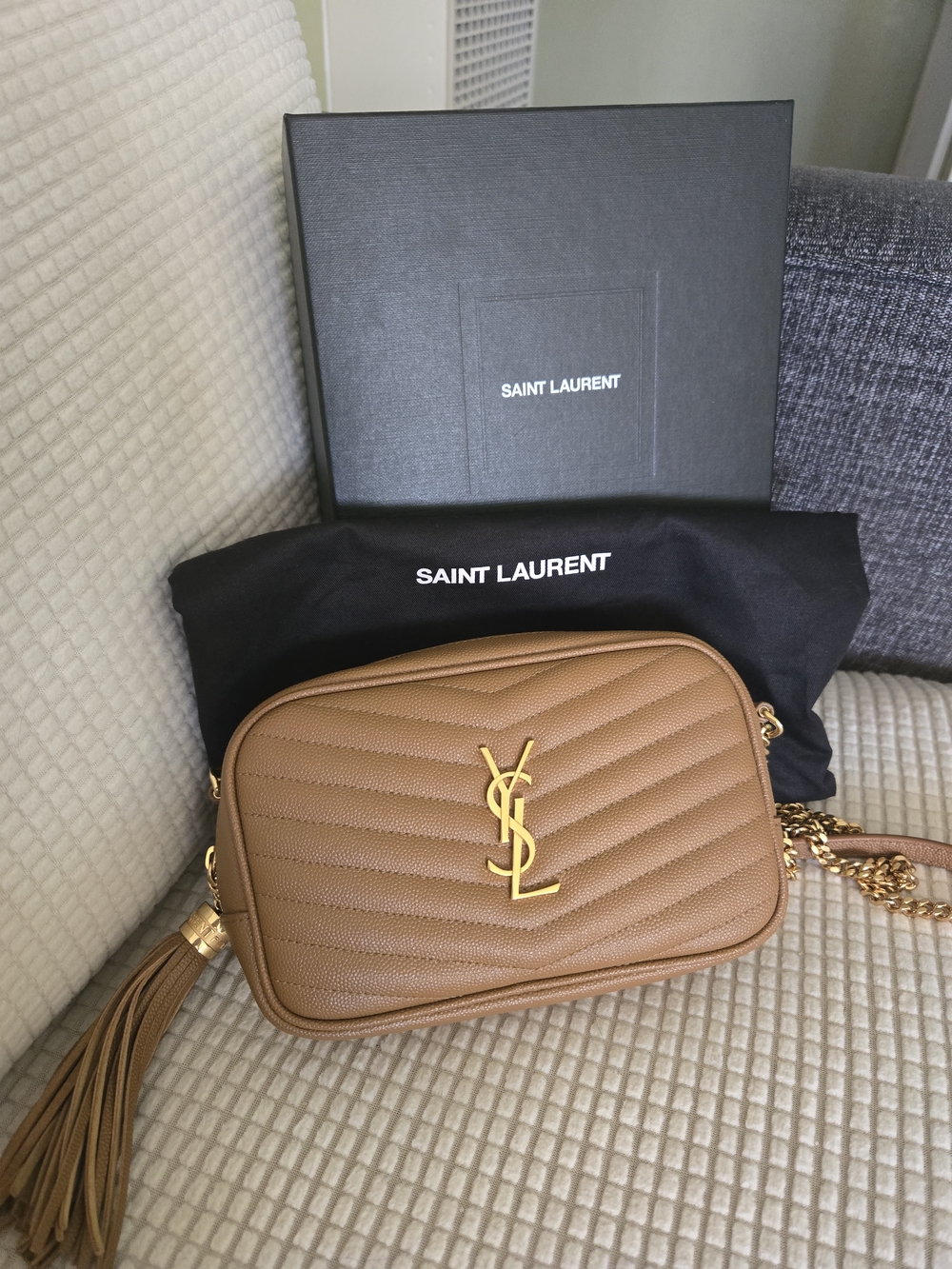 Saint Laurent Tan Quilted Leather Crossbody Bag with Gold YSL